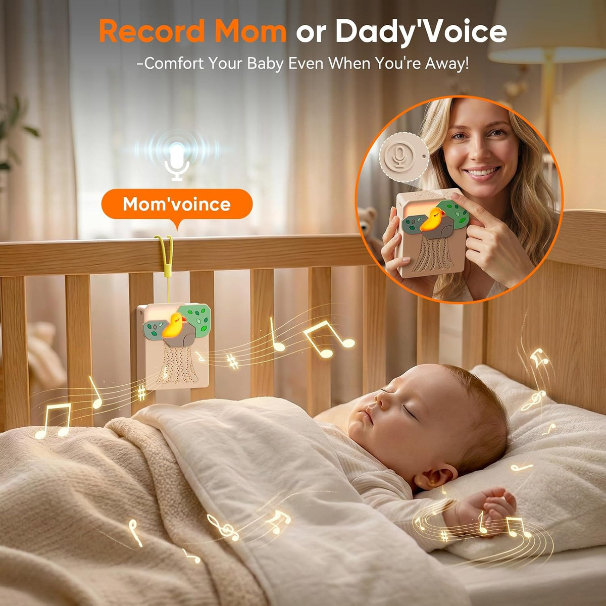 Infant resting in a crib with a tree-themed sound machine positioned across the room
