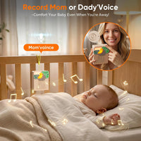 Infant resting in a crib with a tree-themed sound machine positioned across the room