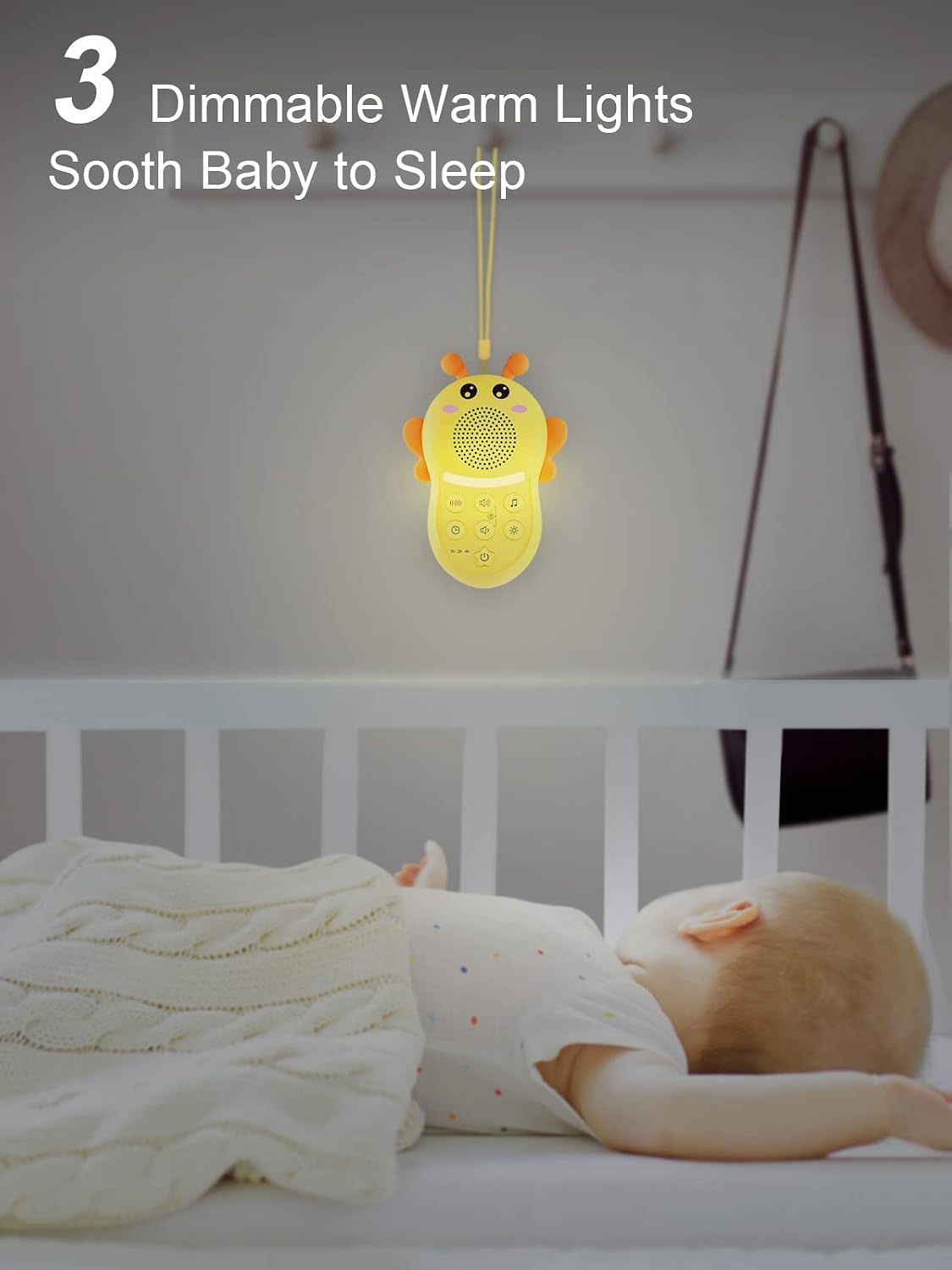 Infant resting in a crib with a background sound machine positioned safely across the room