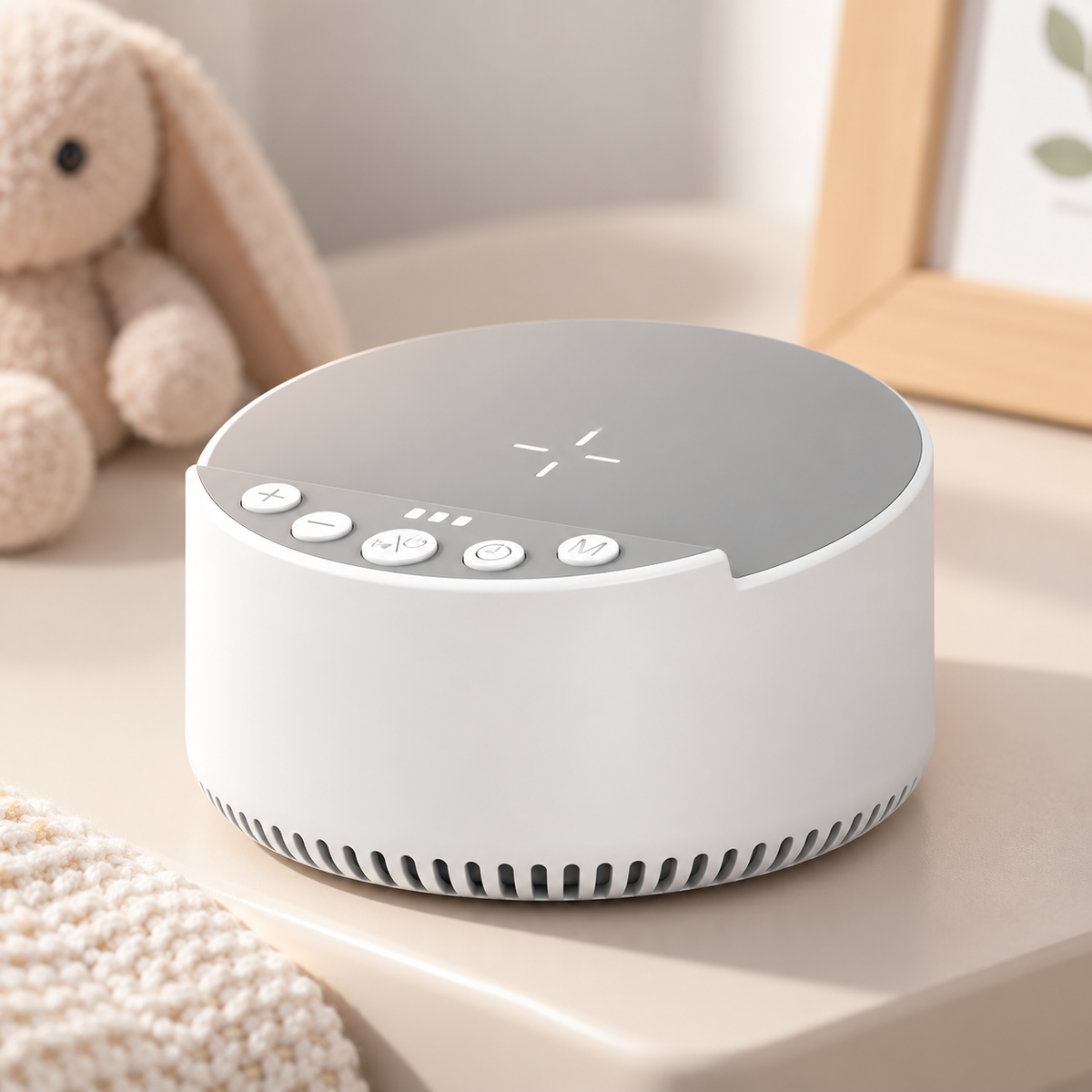 Parent preparing a baby's bedtime routine with a tabletop audio machine