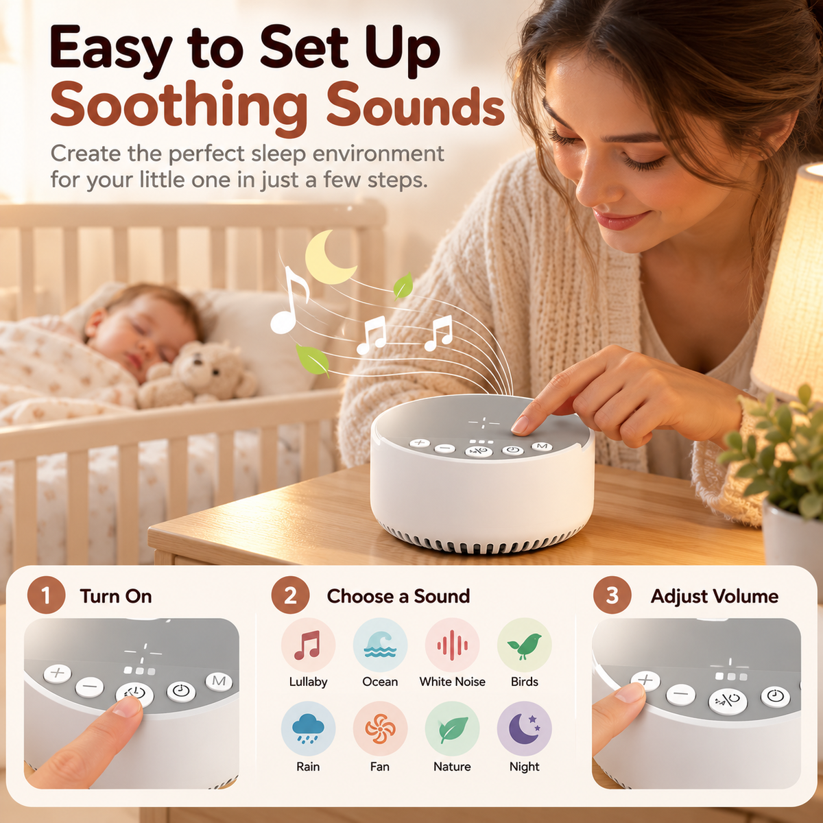 Close-up of the rounded nursery sound unit showing its upper control panel