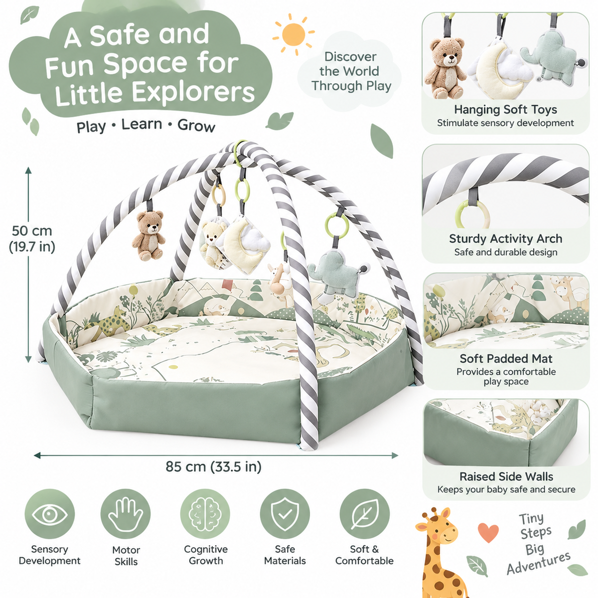 Infant activity play mat with soft padded floor and animal design