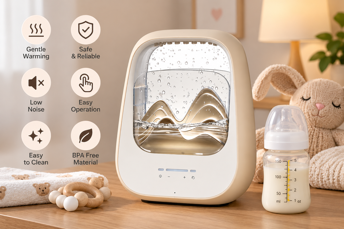 Infant bedtime sound machine positioned beside a sleeping baby in a cozy nursery