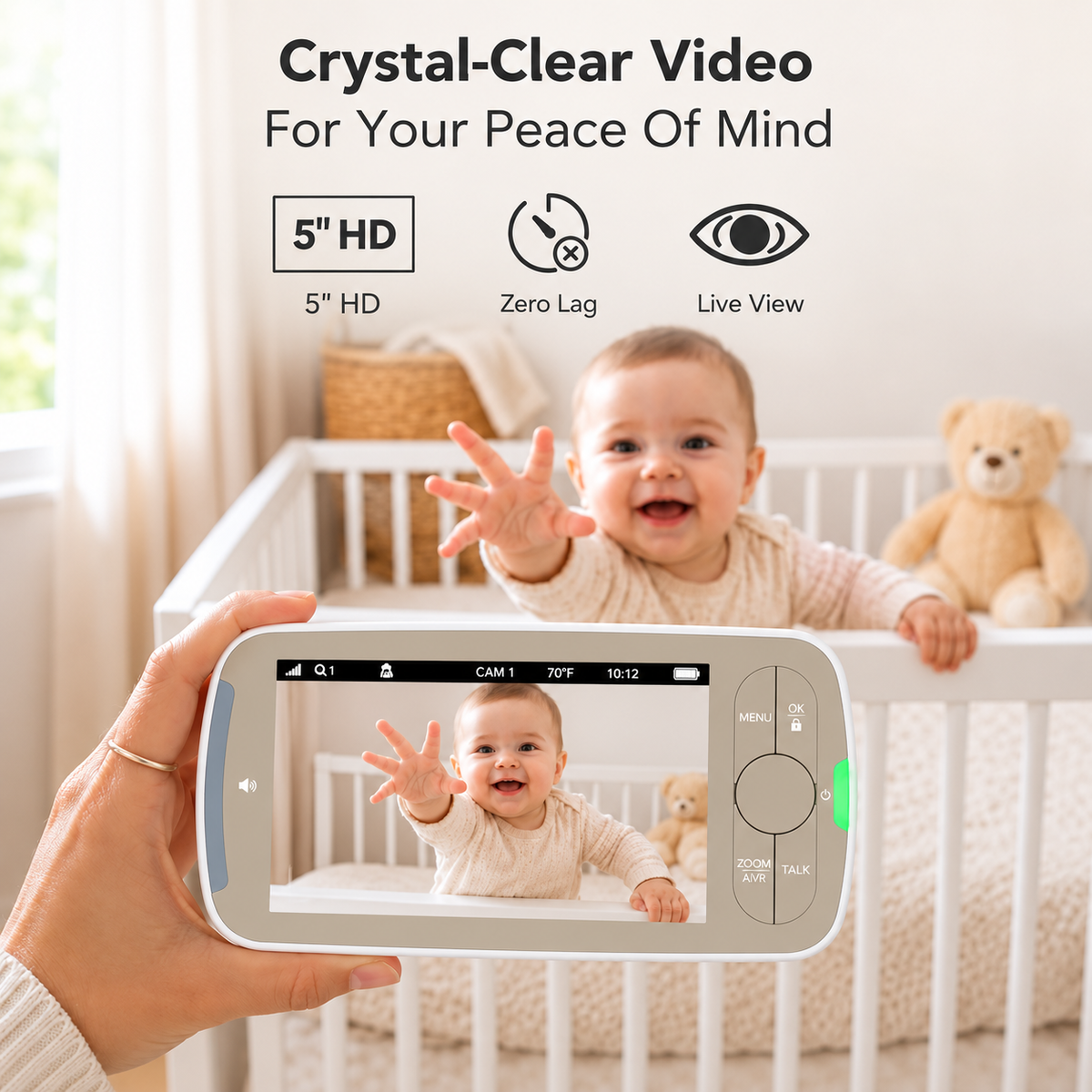 Infant camera monitoring system with separate video screen and adjustable camera unit