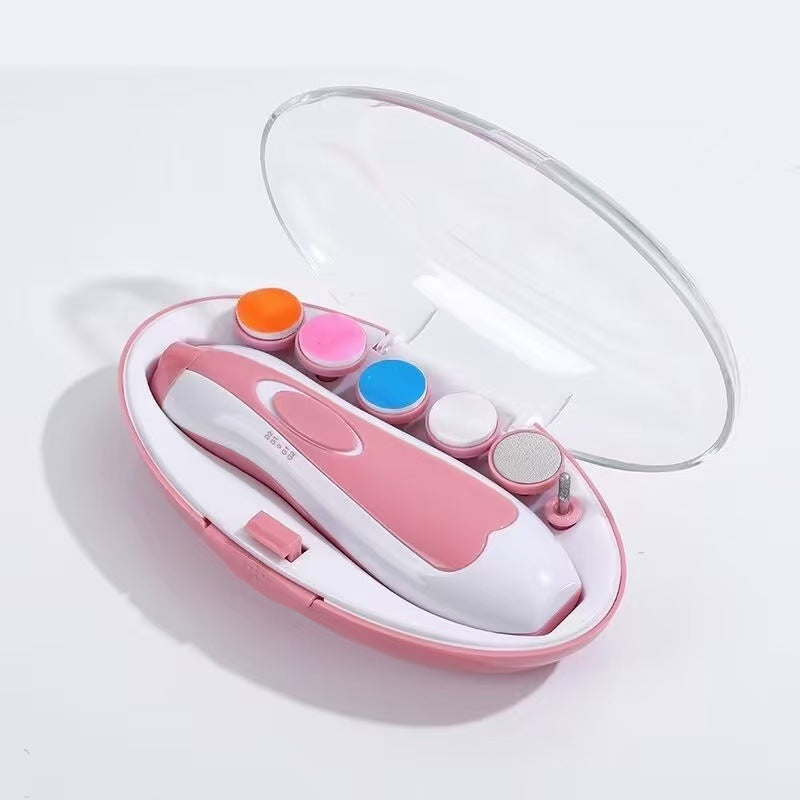 Infant electric grooming tool with compact body and protective accessory organizer