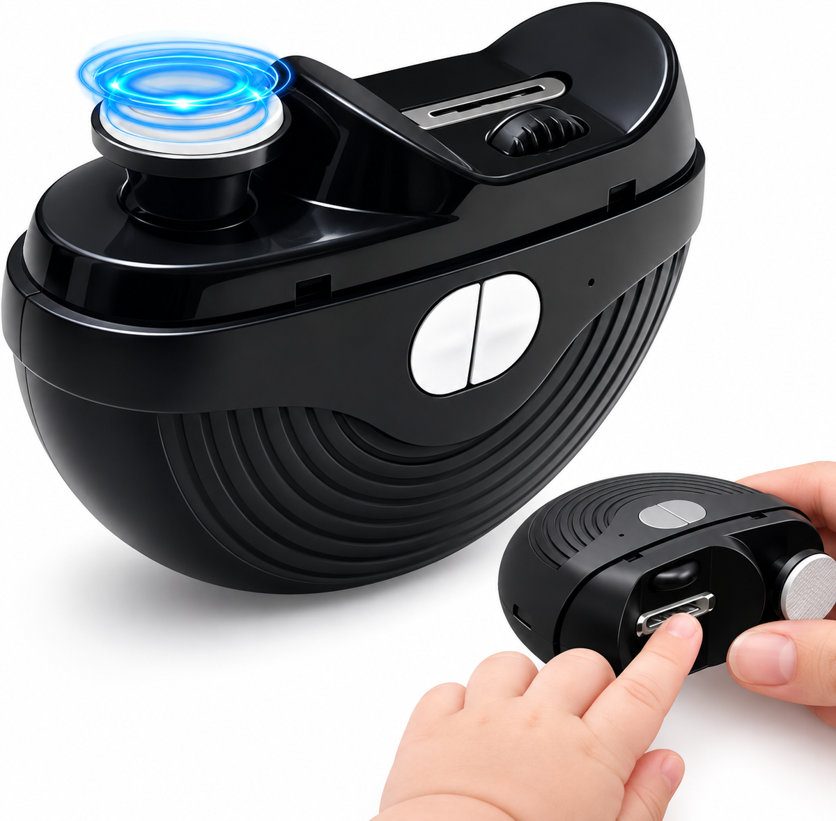 Infant electric nail grooming tool with light blue controls and portable construction