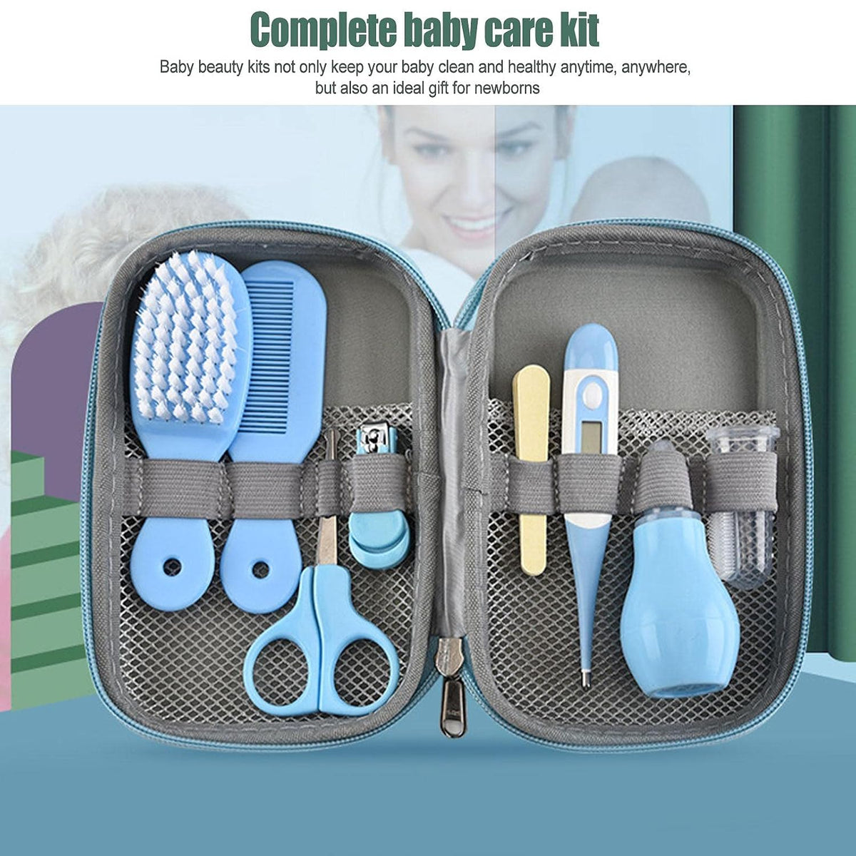 Infant hair care set featuring a soft brush and comb with compact storage