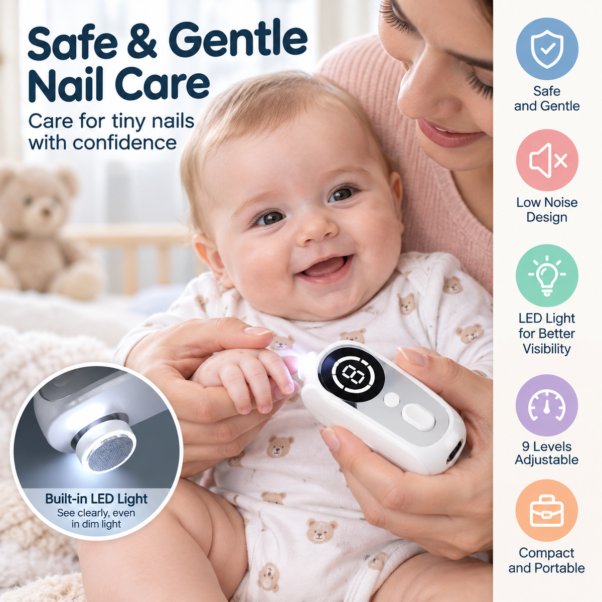 Infant grooming kit with compact electric tool for baby fingernail care