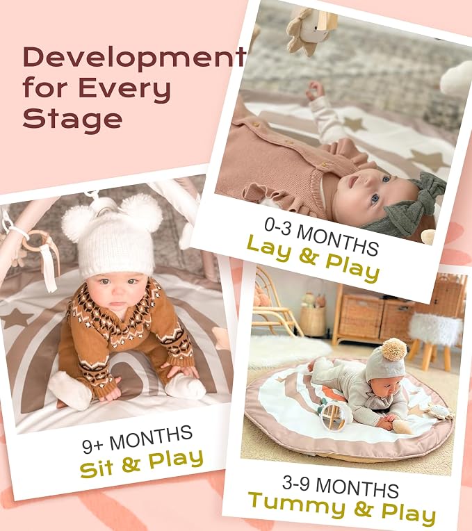 Infant play gym with hanging sun cloud moon and rainbow toys