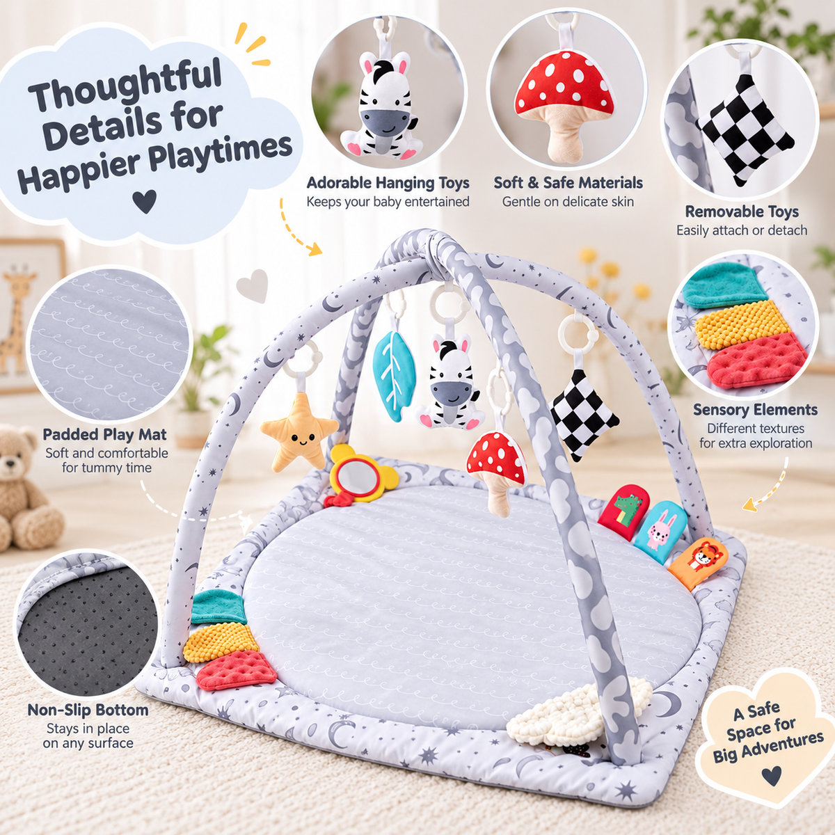 Infant sensory activity mat with mirror and textured toys