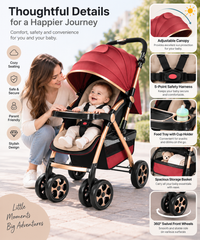 Infant stroller featuring front child tray and comfortable padded seating area