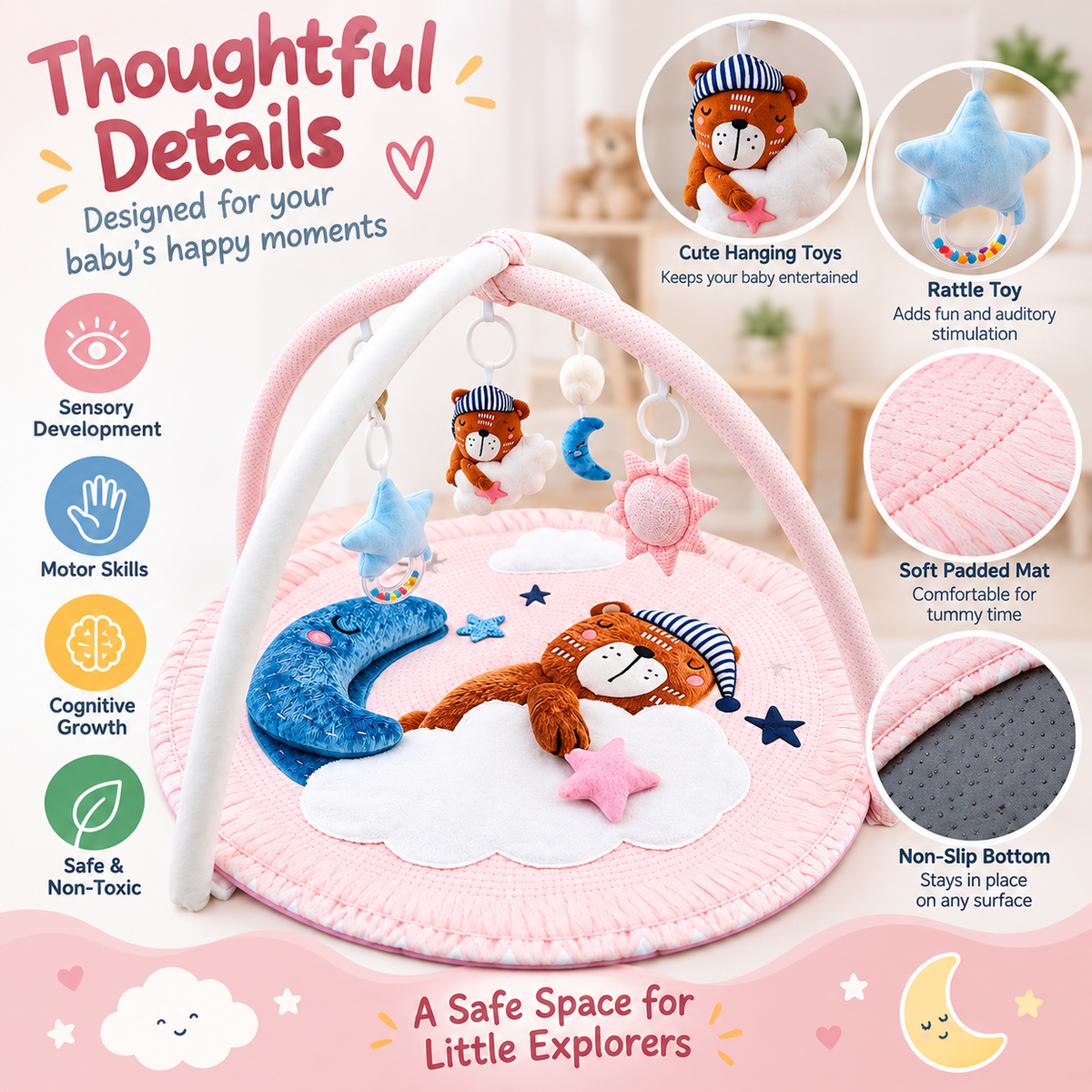 Soft padded infant tummy time floor mat with overhead activity arches