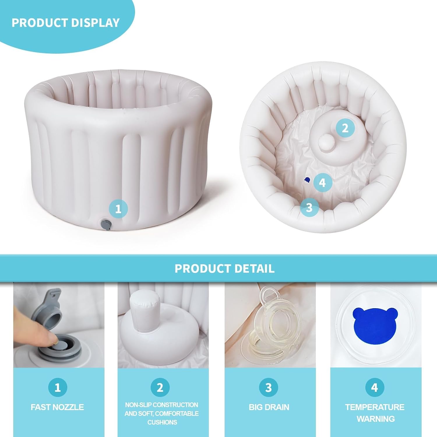 Easy-to-clean smooth interior of inflatable baby tub