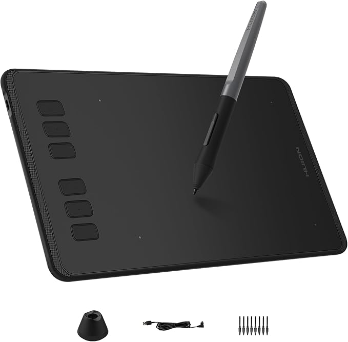Inspiroy H640P drawing tablet front view with stylus and 6 shortcut keys