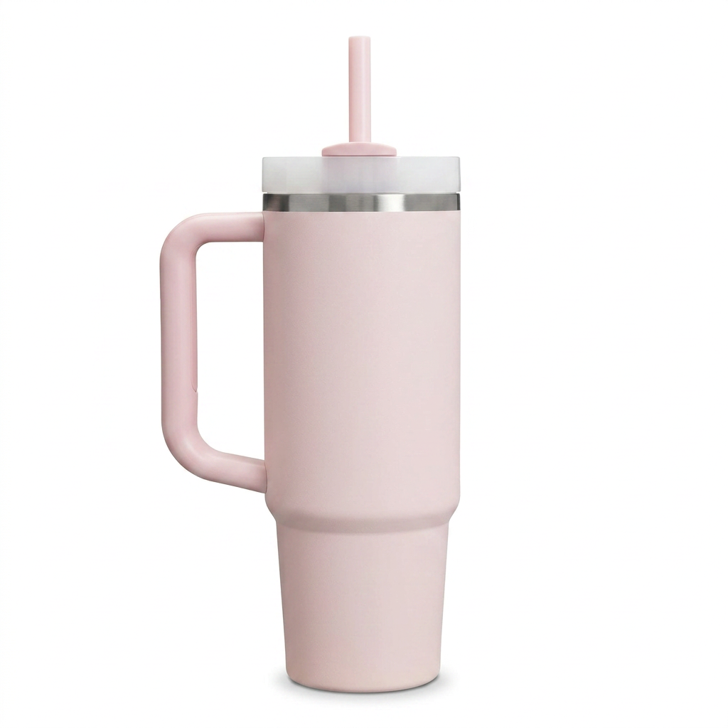 30 oz insulated stainless steel tumbler with handle and straw in rose pink