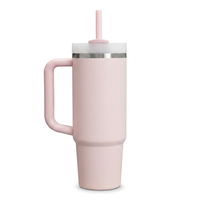30 oz insulated stainless steel tumbler with handle and straw in rose pink