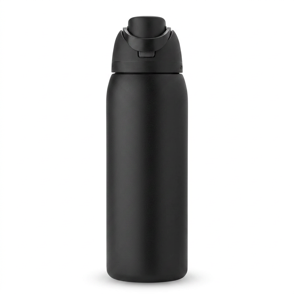 40 oz insulated stainless steel water bottle with straw lid in dark black