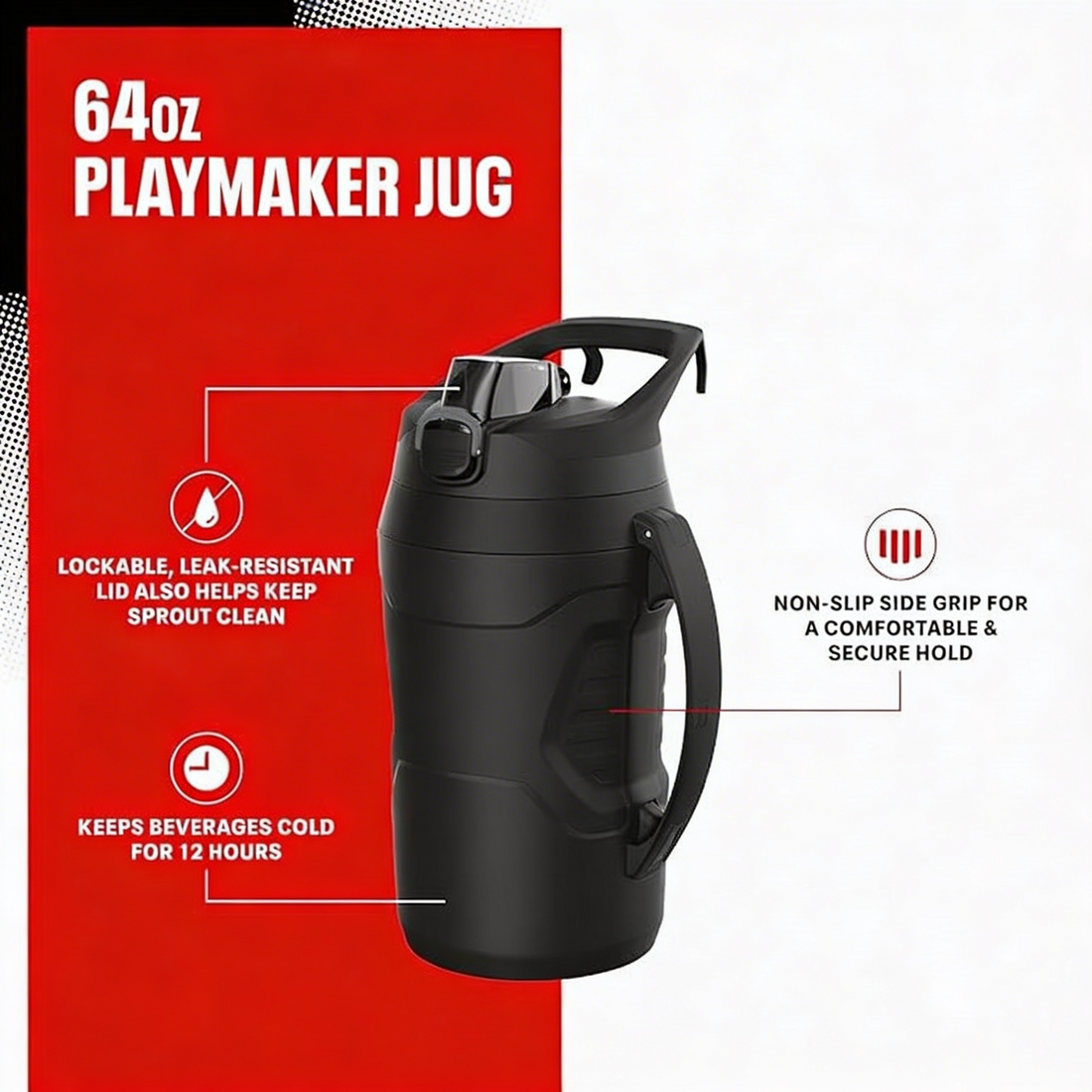Insulated water bottle with handle and fence hook for sports