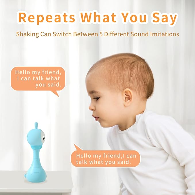 Front view of an interactive baby rattle with music and sound controls
