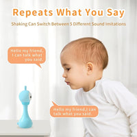 Front view of an interactive baby rattle with music and sound controls