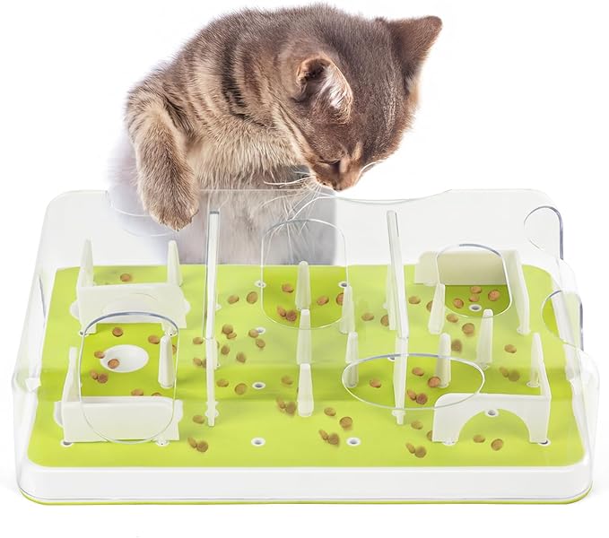 Side view of interactive cat puzzle feeder showing treat compartments