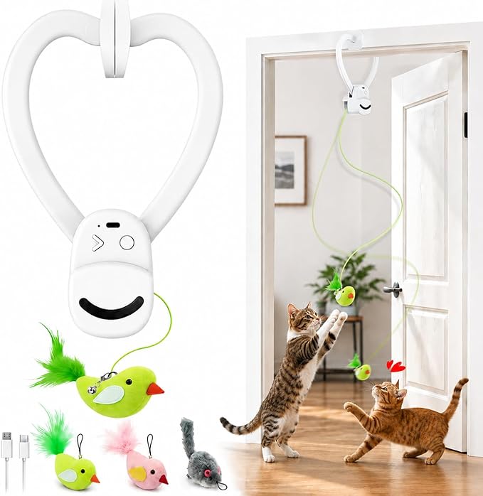 Interactive USB rechargeable cat wand toy with feather element