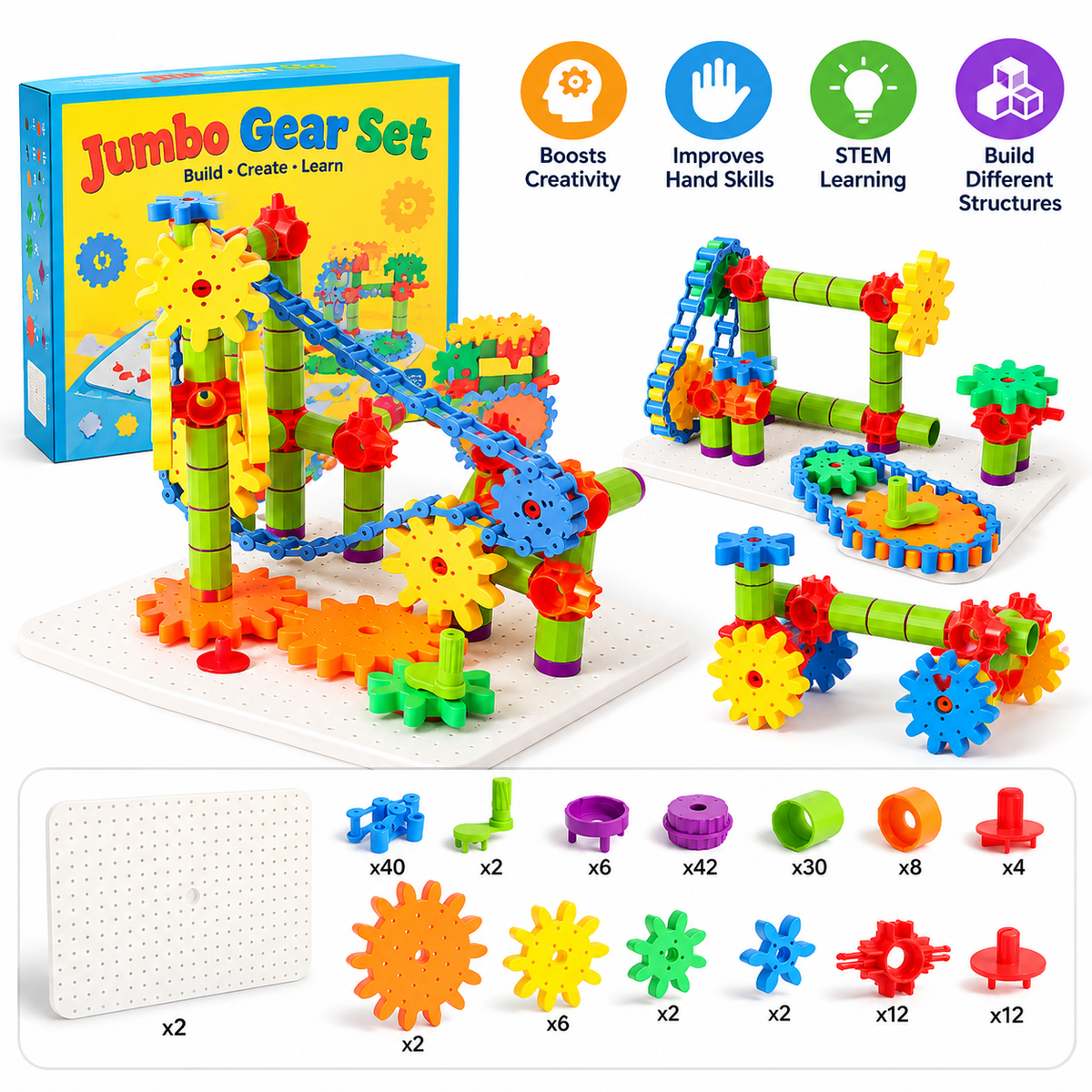 Interactive gear building set with rotating gears and connecting pieces