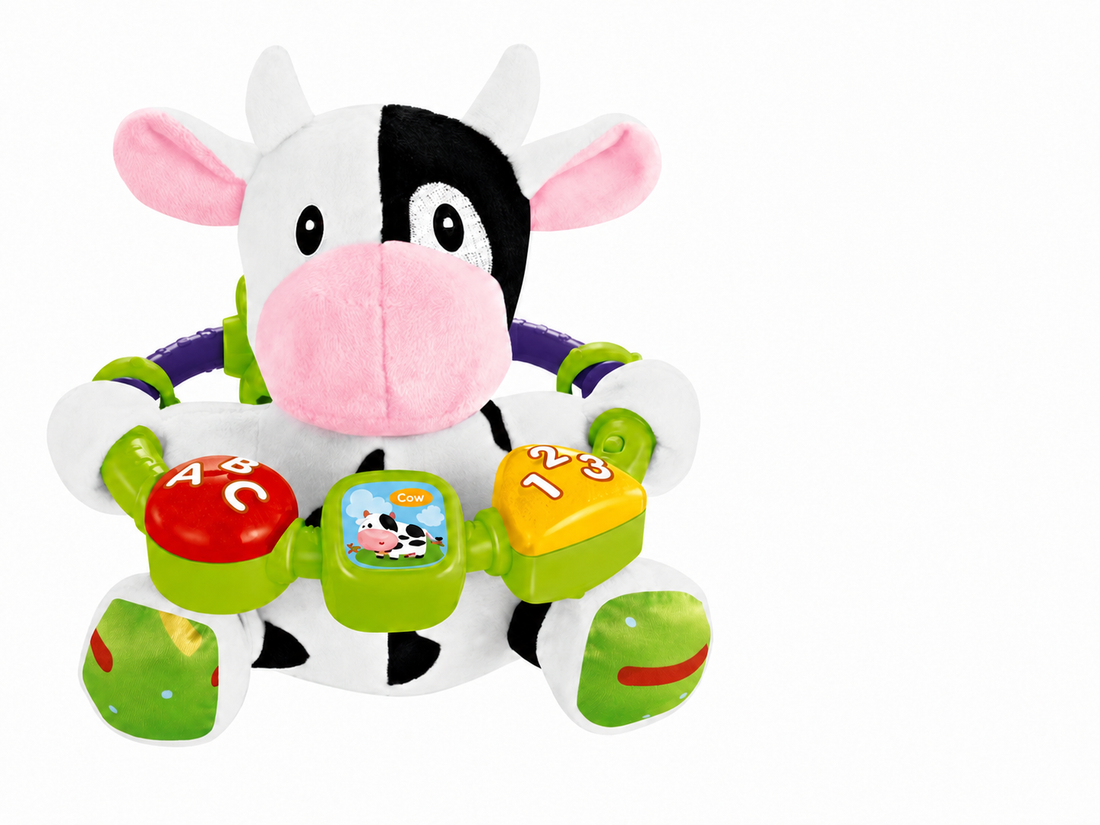 Interactive musical baby toy with a soft plush body