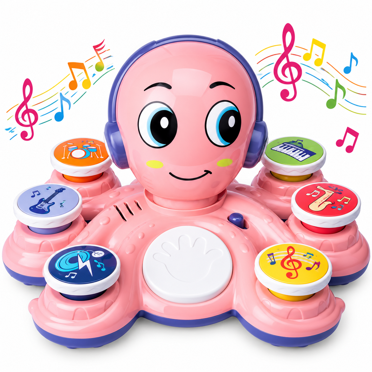 Close-up of the interactive music controls on an electronic octopus toy.