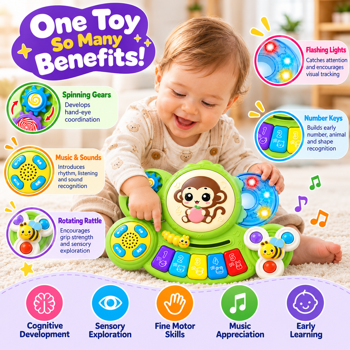 Interactive musical toy for toddlers featuring an animal-themed keyboard and sound functions.