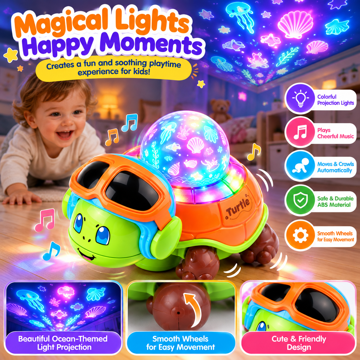 Interactive musical toy combining lights, sounds and electric movement.