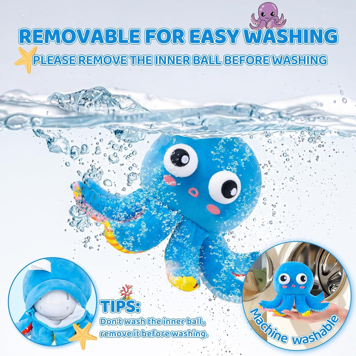 Interactive octopus stuffed animal with a plush exterior and electronic musical features.