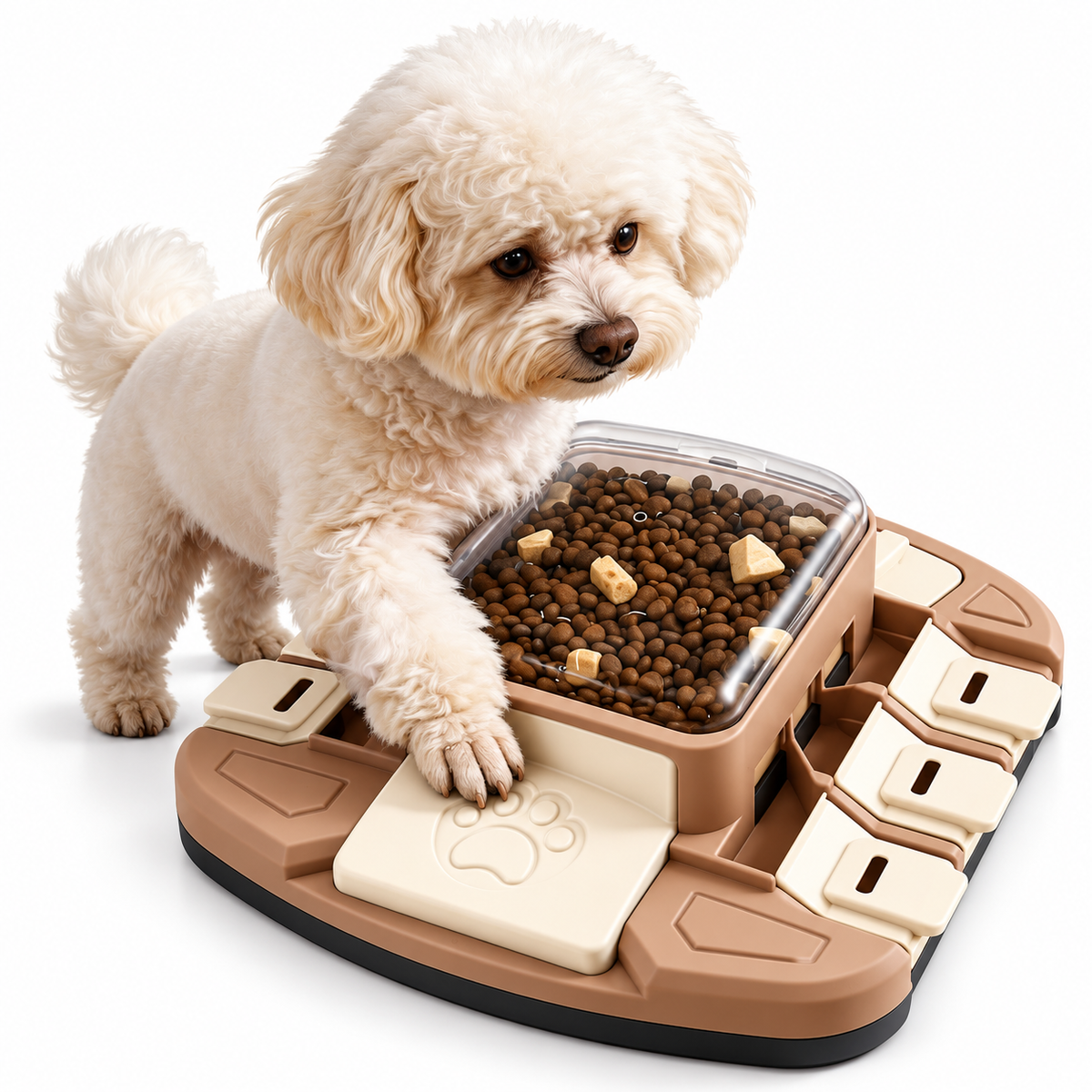 Interactive slow feeder bowl with press-and-slide food compartments for cats and dogs
