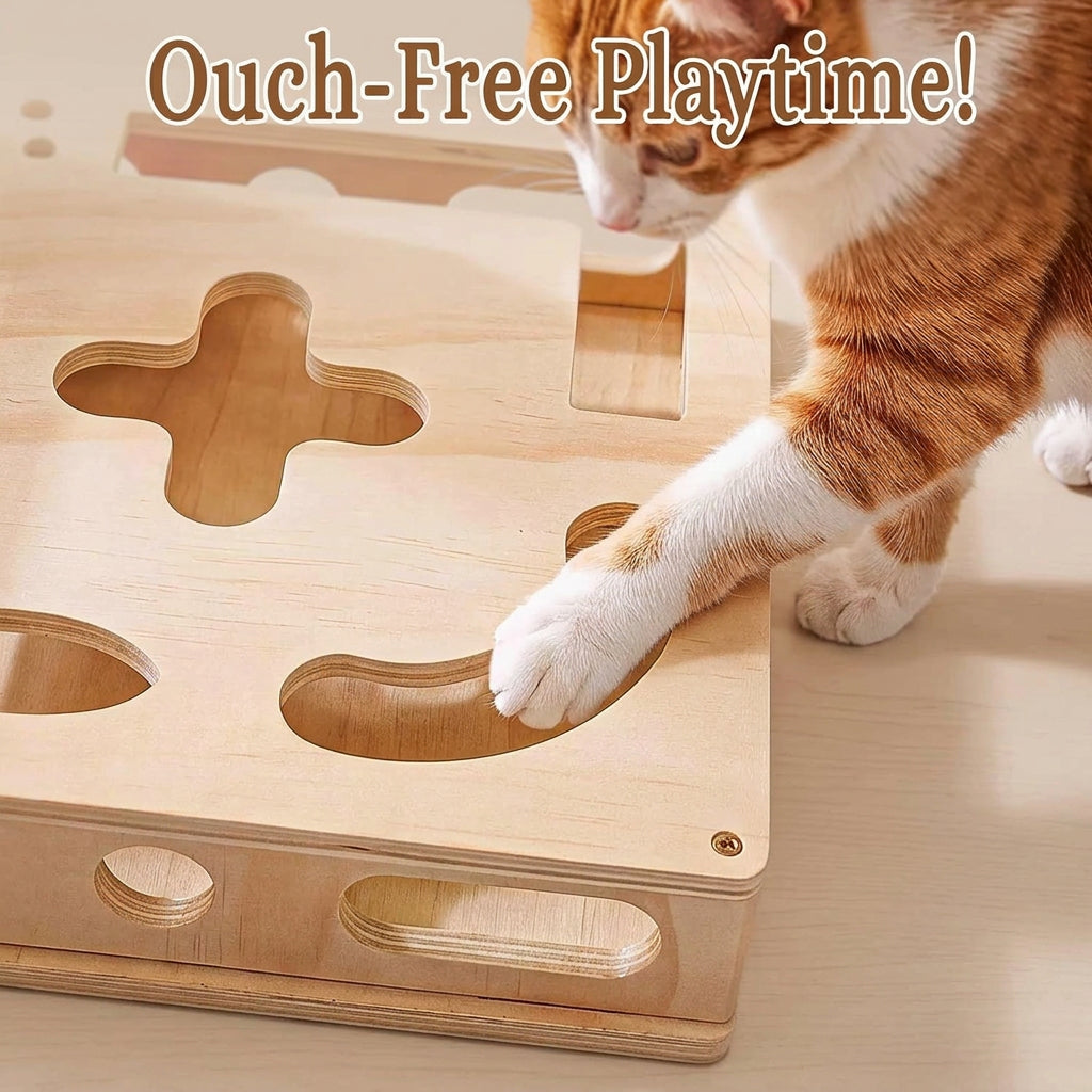 Interactive wooden cat toy with balls and feather decoration