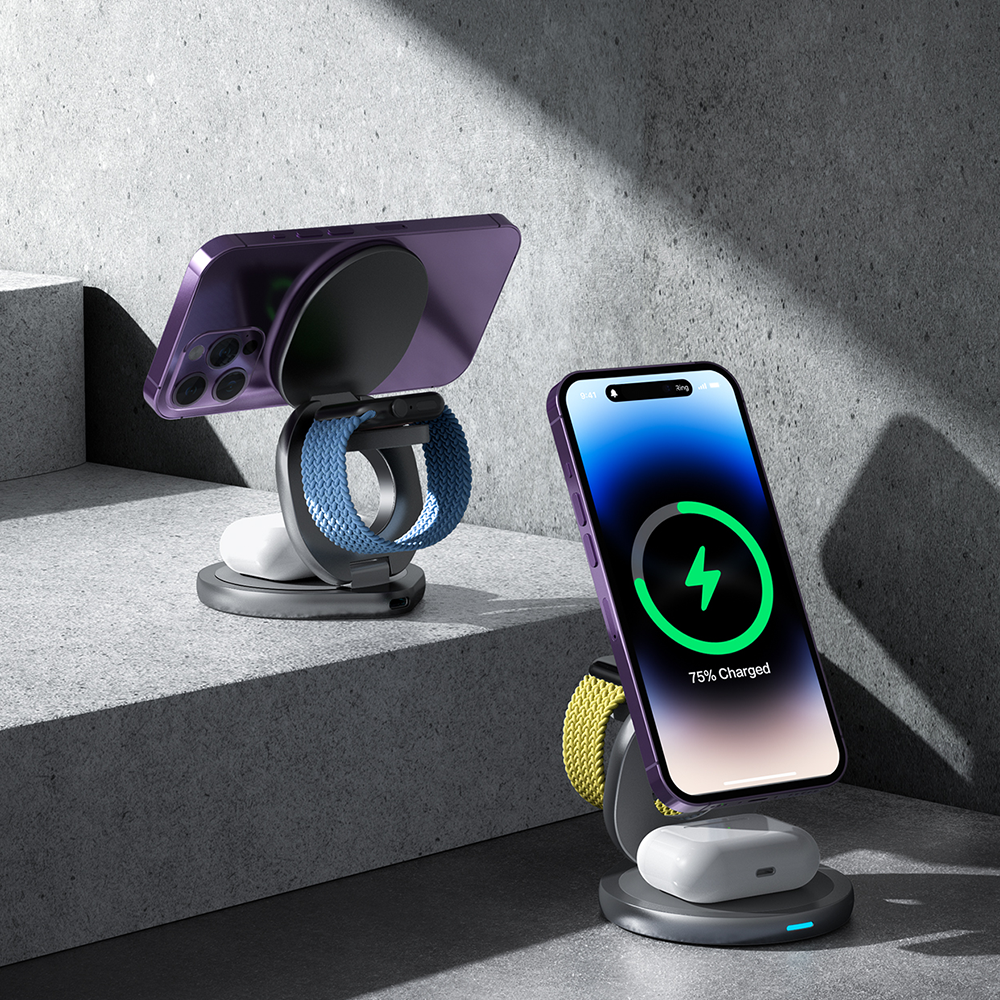 Iron gray foldable wireless charging stand for desktop use