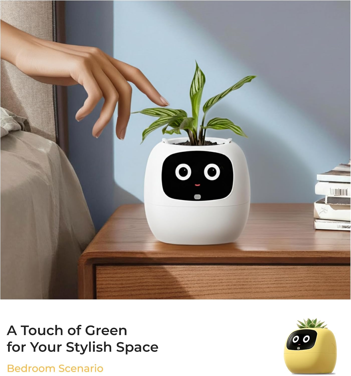 Ivory tabletop smart planter arranged in a modern home interior
