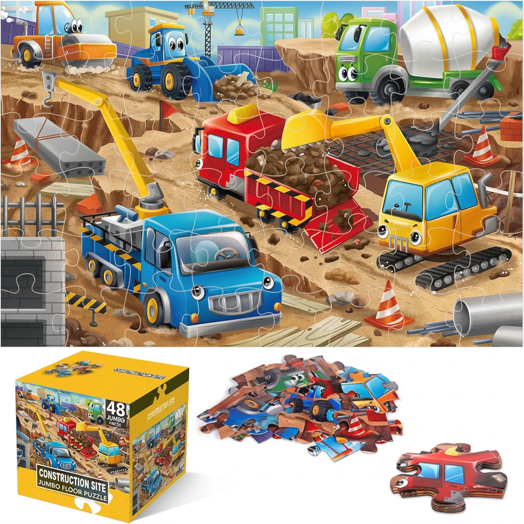 48 Piece Jumbo Construction Site Puzzle – Educational Toy for Toddlers Ages 3-5