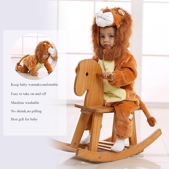 Rear view of a plush animal jumpsuit featuring a decorative tail