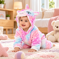 Front view of a colourful baby jumpsuit with central zipper fastening