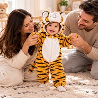 Child wearing a full-length tiger-inspired costume with black markings