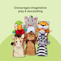 Jungle animal plush toys displayed neatly on a clean white background