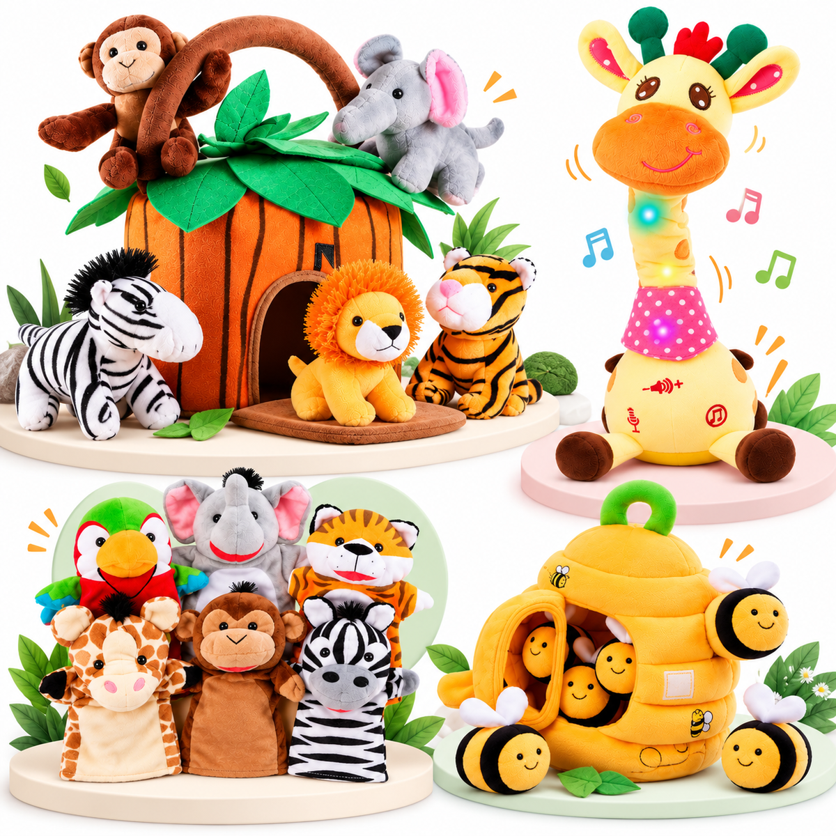 Jungle Friends Play Bundle with plush animals, dancing giraffe, hand puppets and sensory beehive