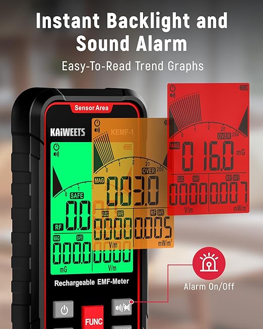 KAIWEETS 3-in-1 EMF Detector with 3 Color Backlight Display for Easy Radiation Monitoring