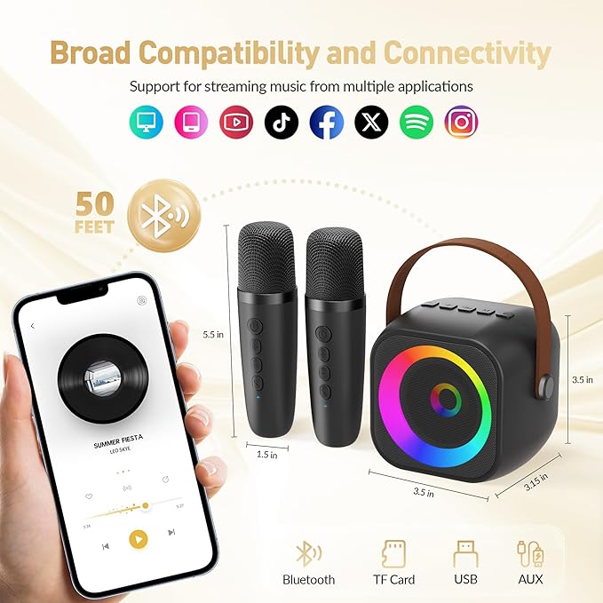Mini karaoke machine with dynamic party lights that sync with the music for a fun performance