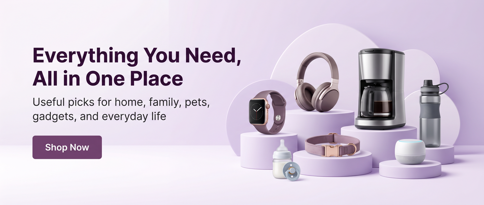 Multi-category homepage banner showing everyday essentials for home, kitchen, baby, pets, electronics and outdoor use