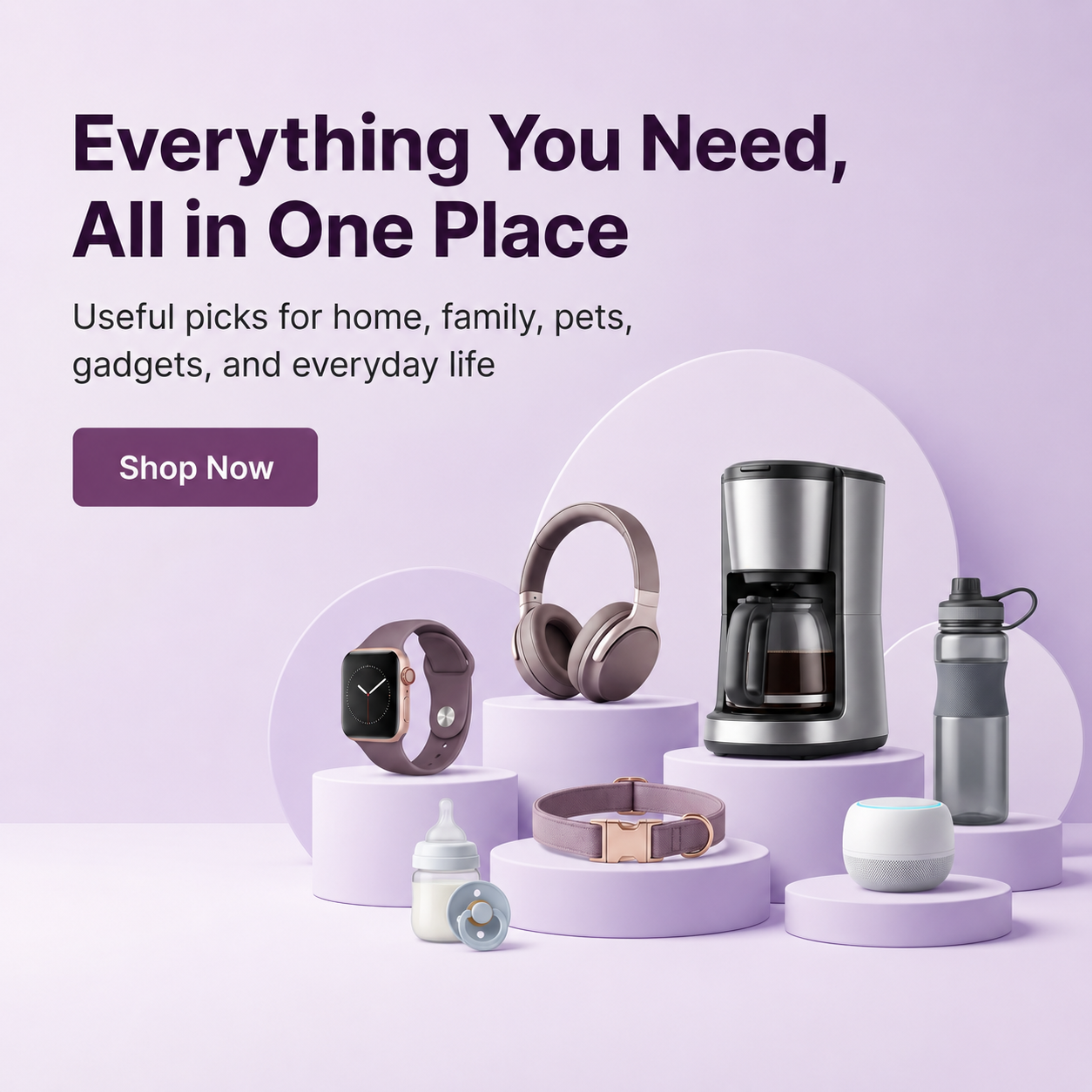 Square homepage banner showing everyday essentials including gadgets, home items, baby accessories, pet products and lifestyle picks on a soft purple background.