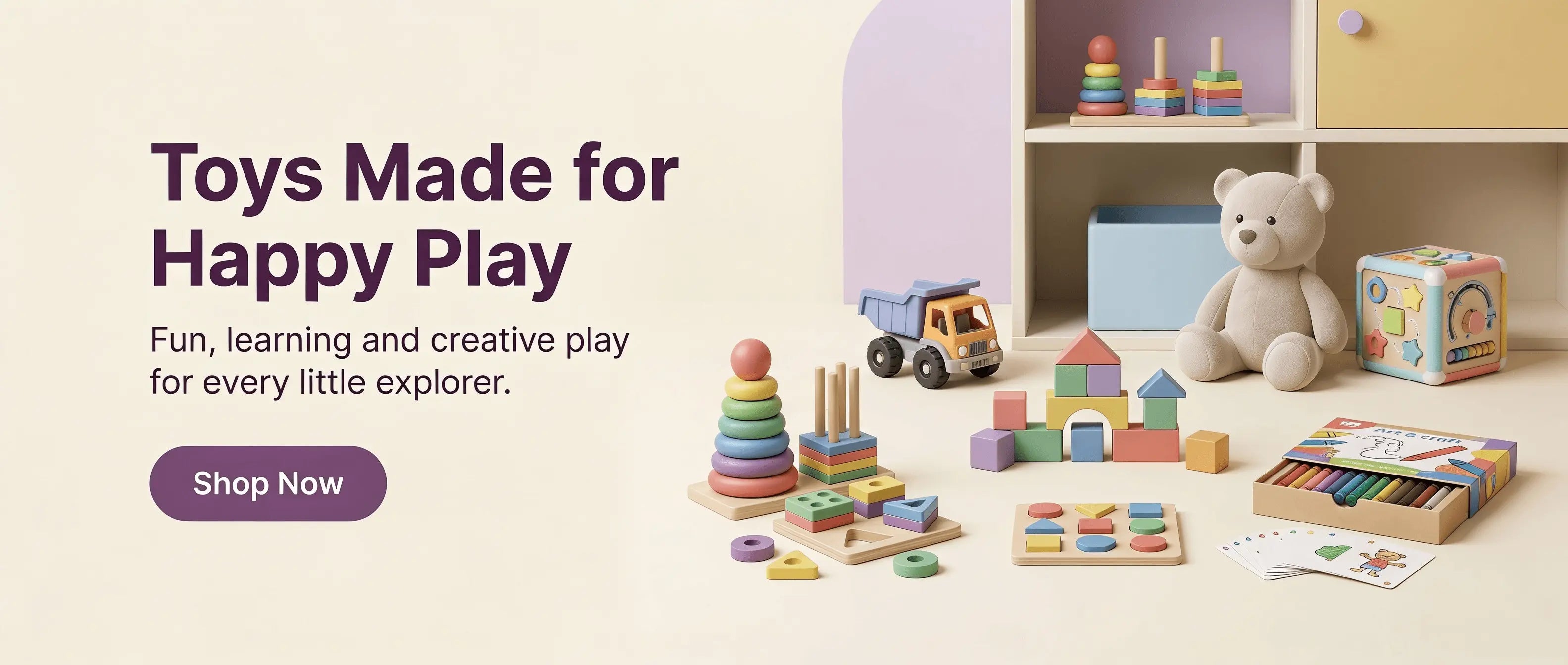Kartlo toys and games banner with colorful kids toys building blocks and play items