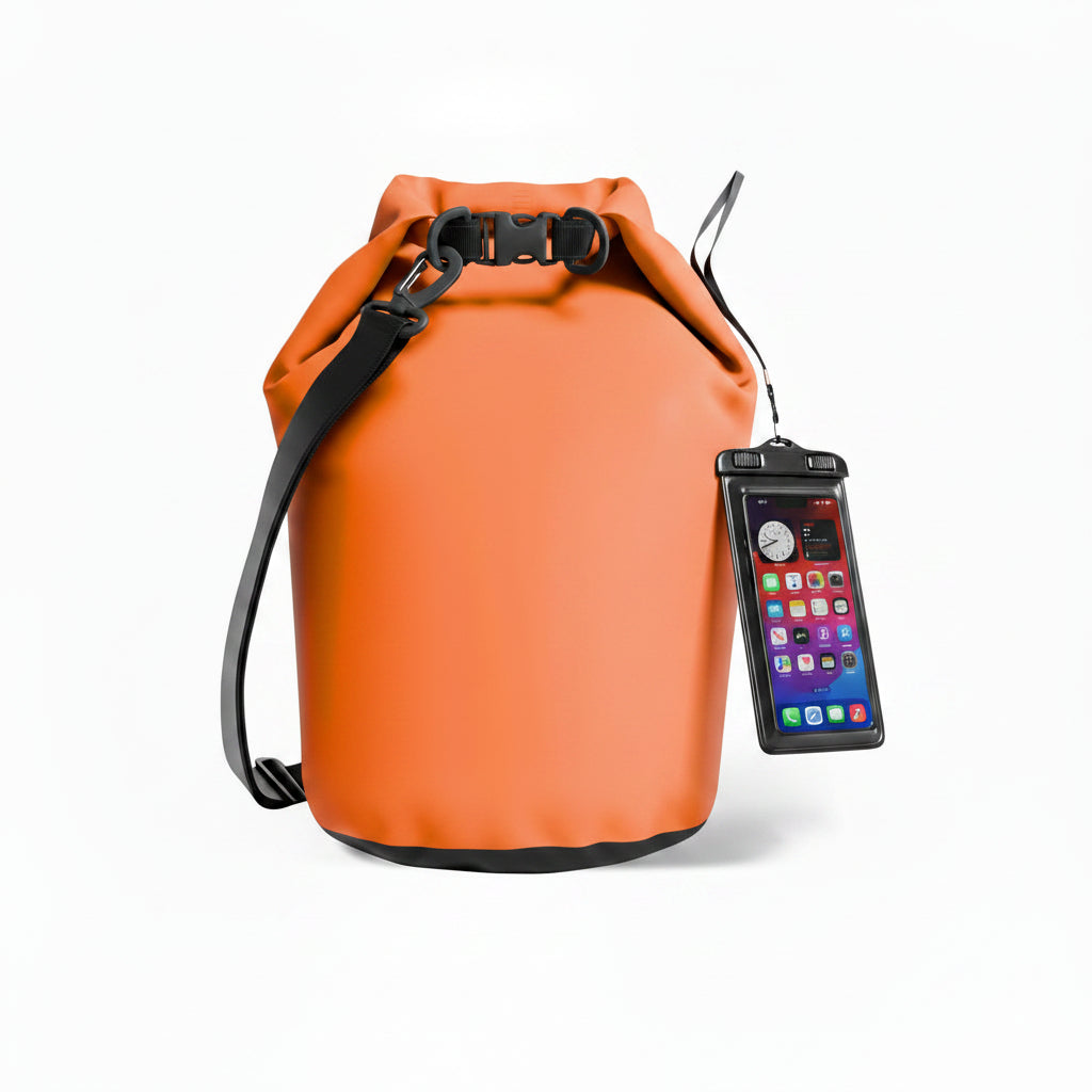 Roll-top dry storage bag with phone case for outdoor use