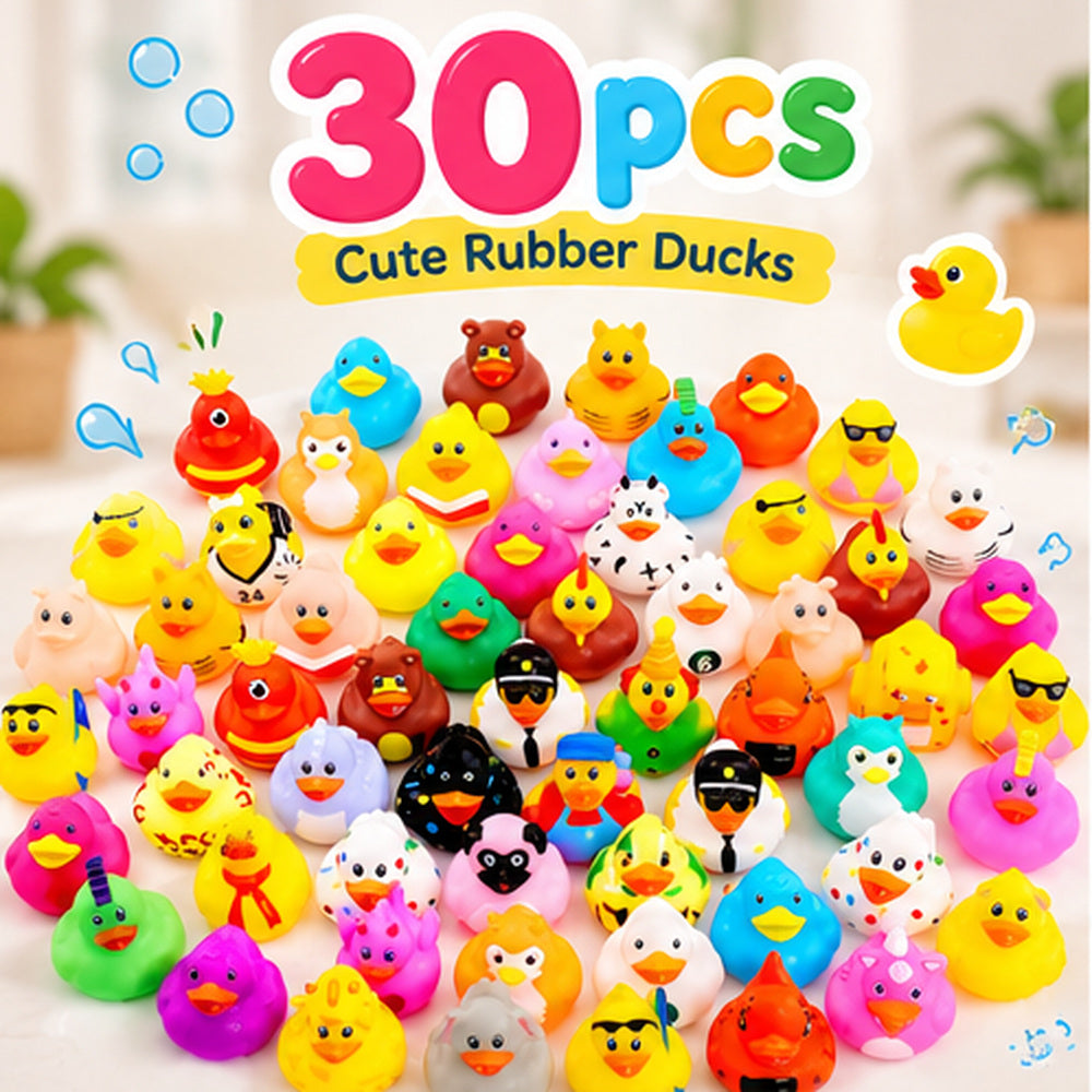 Child enjoying supervised bathtub play with colourful duck figures in the water.