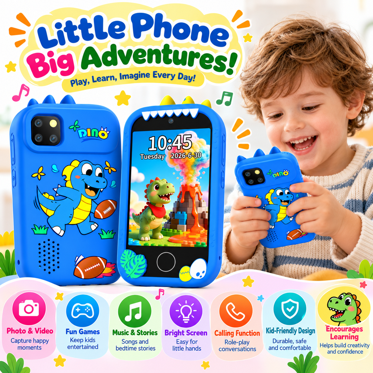 Kids camera phone with built-in games and an interactive touchscreen menu.